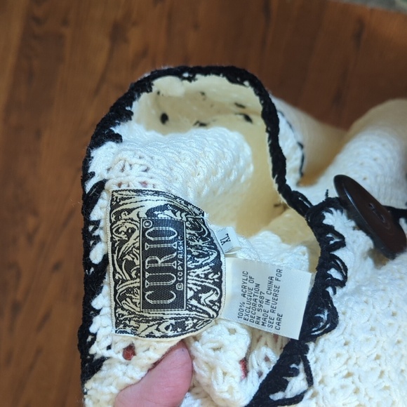 Y2K Cream Cardigan Knit Long Duster Bohemian Black Trim Funky Large Buttons Sz L - Picture 8 of 11